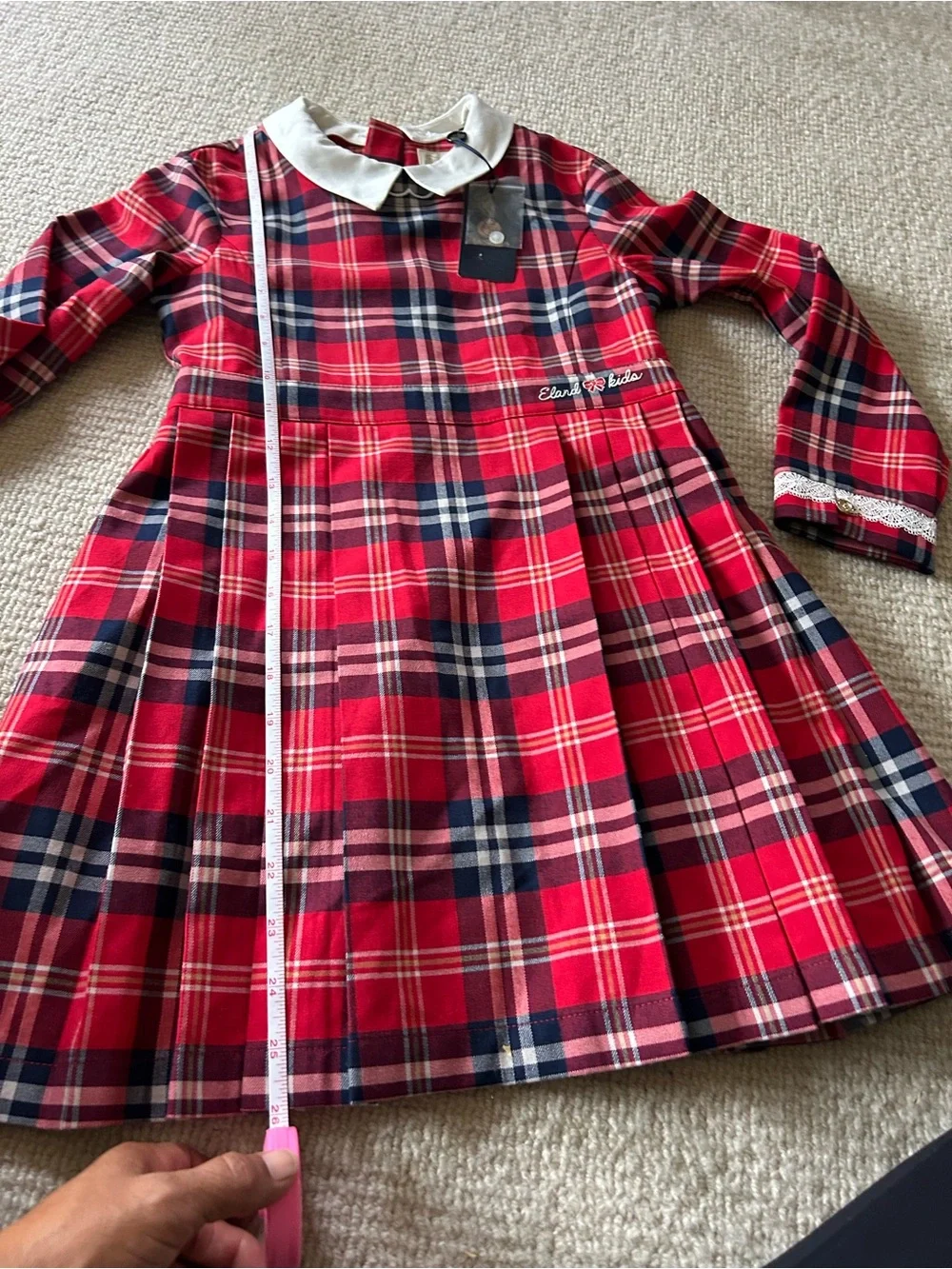 E-Land Kids Red Plaid Dress with White Peter Pan Collar